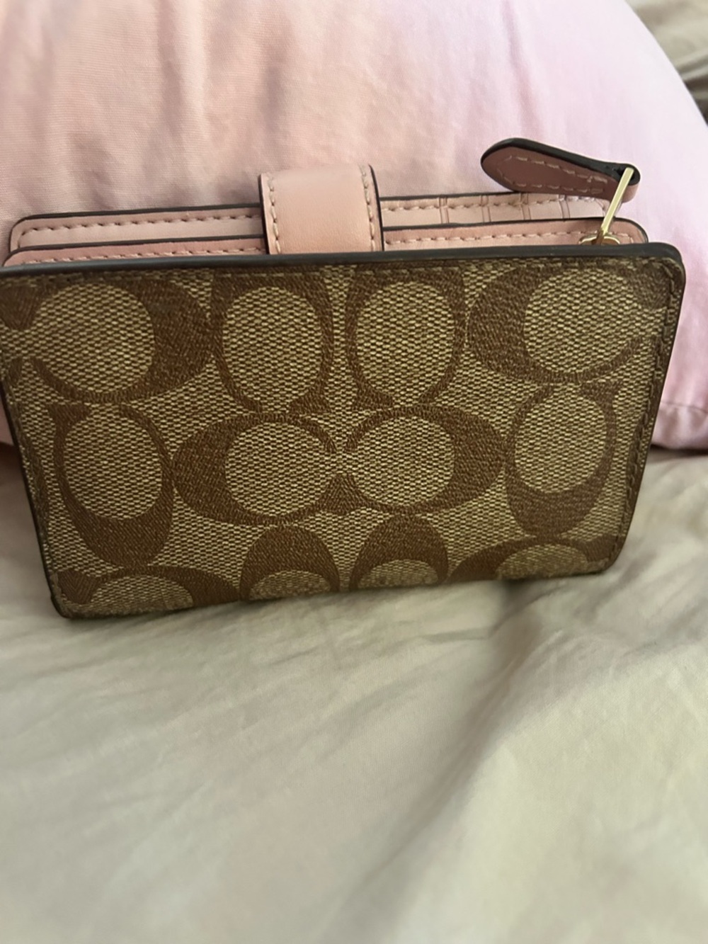 Coach Brown Signature Canvas Wallet with Pink Snap - Picture 2 of 7